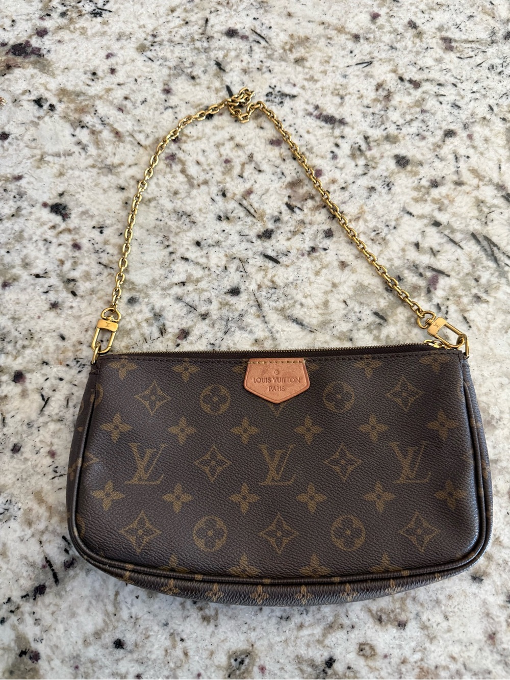 Louis Vuitton Brown Monogram Canvas Pochette with Gold Chain